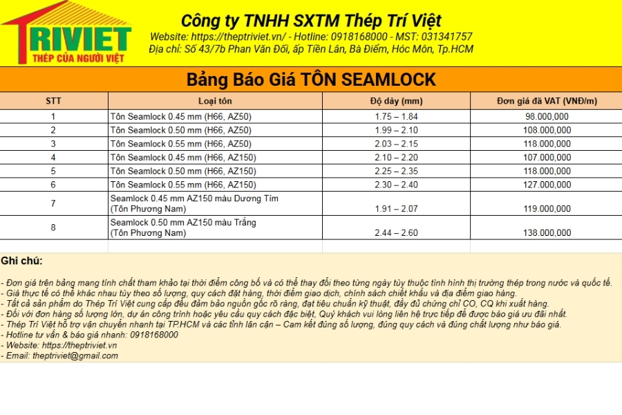Bảng Báo Giá Tôn Cliplock Việt Nhật Uy Tín, Giá Ưu Đãi Nhất Năm 2026 10 Bảng Giá Tôn Seamlock Chi Tiết Nhất