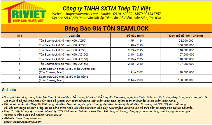 Bảng Báo Giá Xà Gồ Hòa Phát Uy Tín, Chất Lượng Cập Nhật Mới Nhất 2026 13 Bang Bao Gia Ton Seamlock
