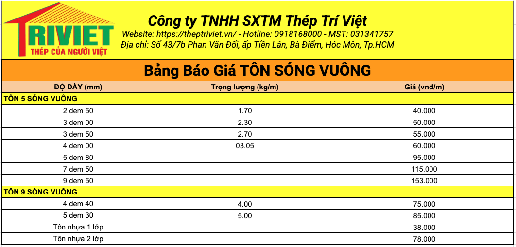 Tôn Sóng Vuông 12 Ton Song Chat Luong Cao