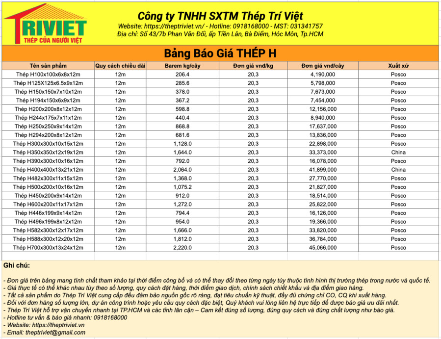 Bảng báo giá thép hình H